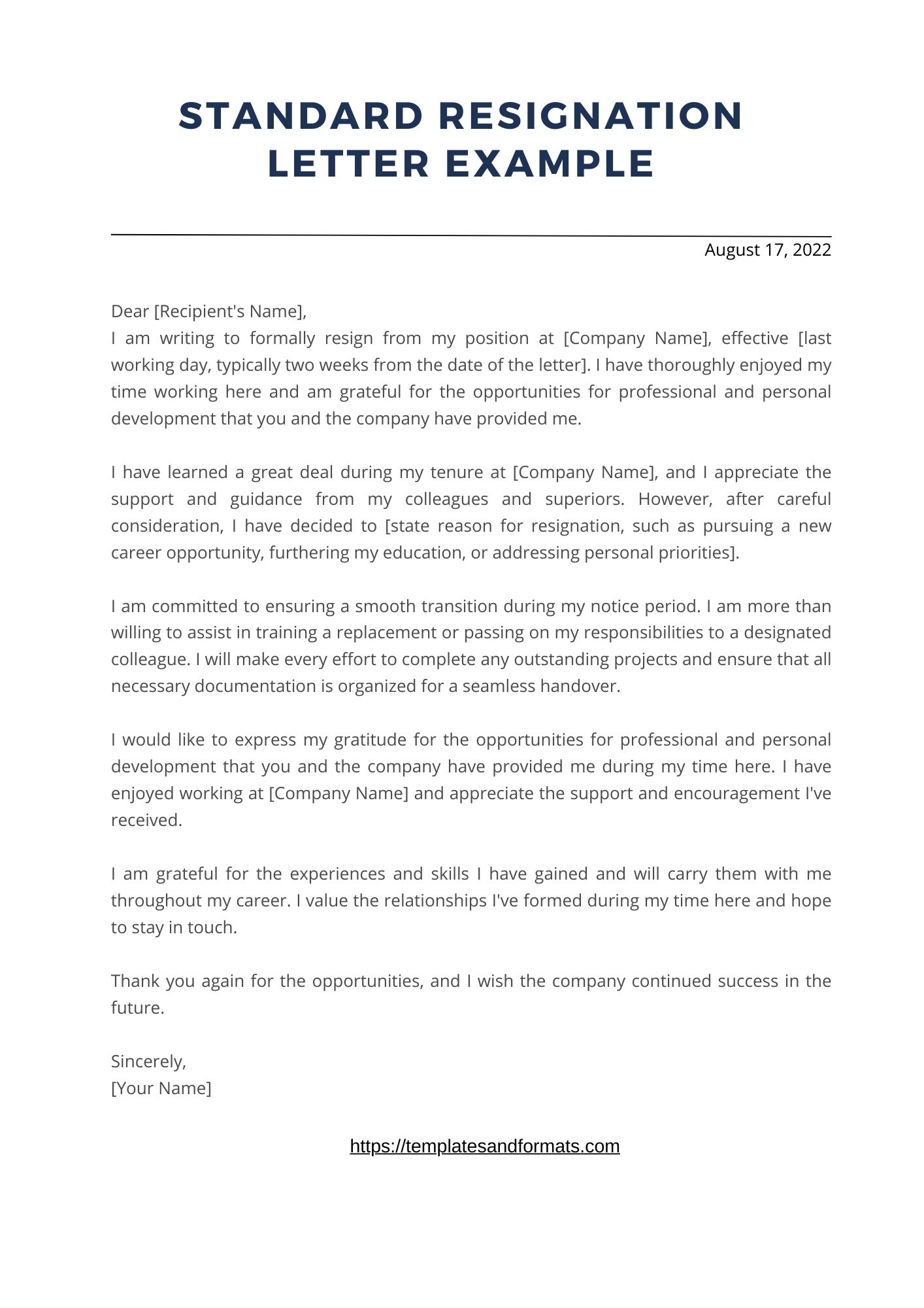 Standard Resignation Letter Example - TemplatesandFormats.com